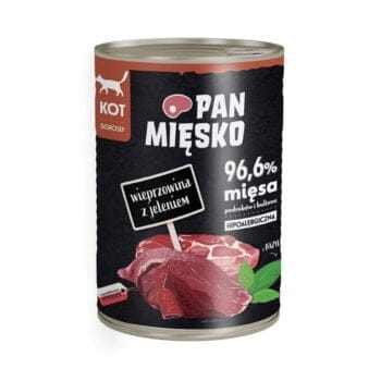 Puszka karmy mokrej dla kota dorosłego o smaku wieprzowiny z jeleniem