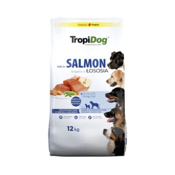 Opakowanie suchej karmy z łososiem dla psa dorosłego