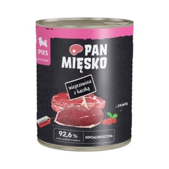 Puszka mokrej karmy dla szczeniaka wieprzowina z kaczką